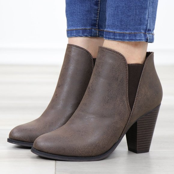 Chelsea Cone High Heel Ankle Boots Brown Synthetic Leather Pointed Toe - Picture 14 of 14